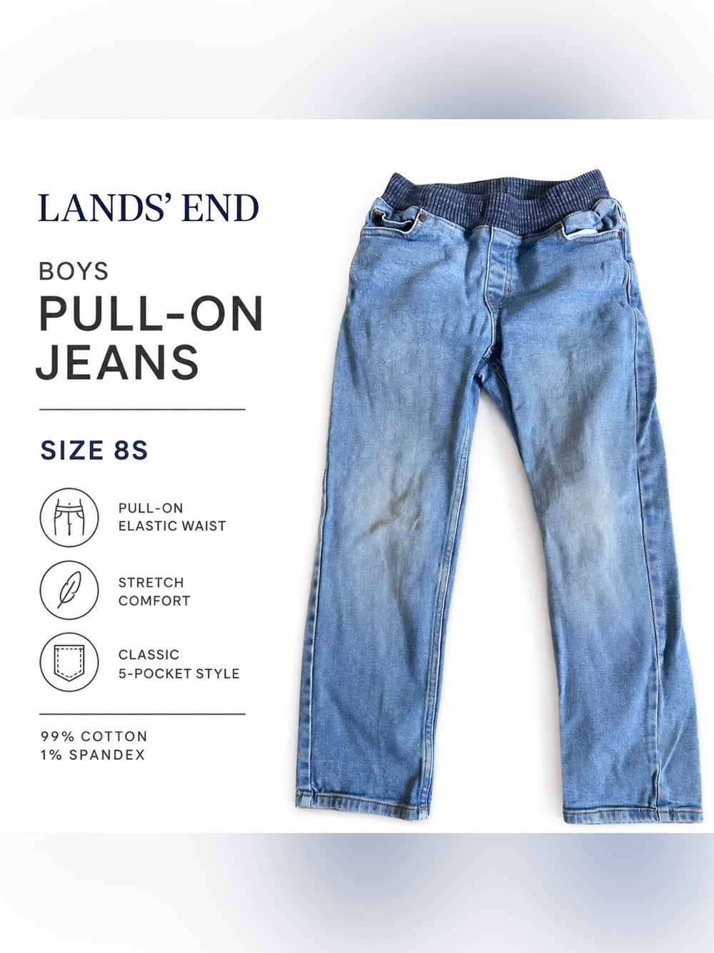 Lands’ End Boys Size 8S Pull-On Stretch Jeans Elastic Waist Blue Denim